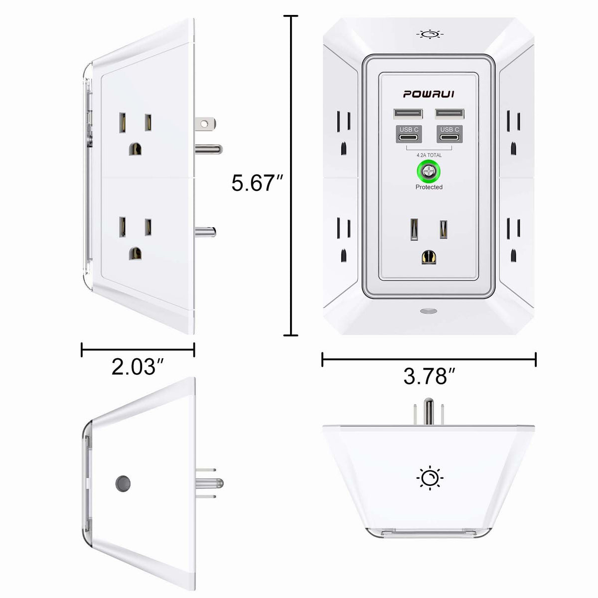Multi Plug Wall Outlet Night Light, POWRUI 6 Outlet Extender & 3 USB Ports