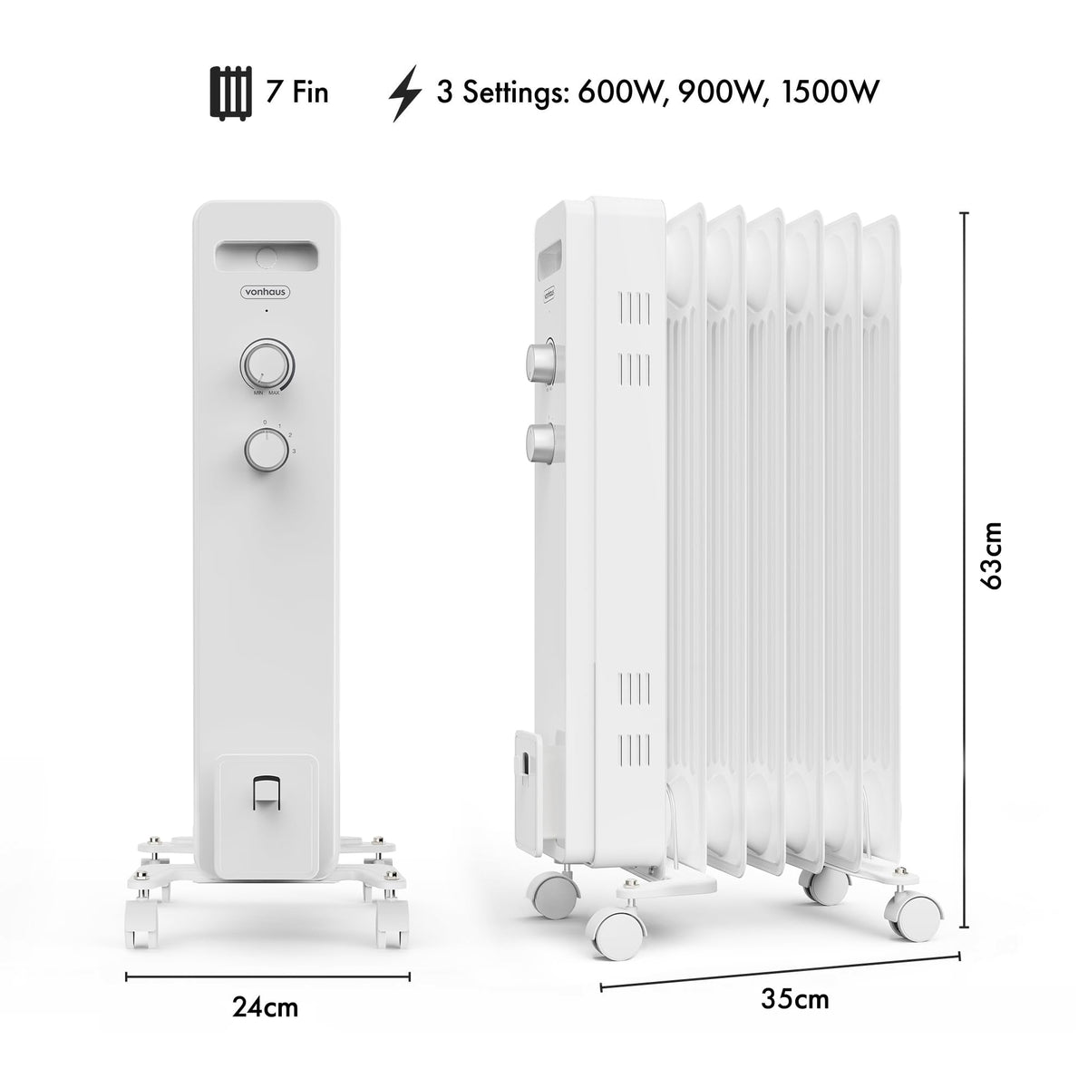 VonHaus Oil Filled Radiator 11 Fins – 2500W, 3 Heat Settings, 24 Hour Timer