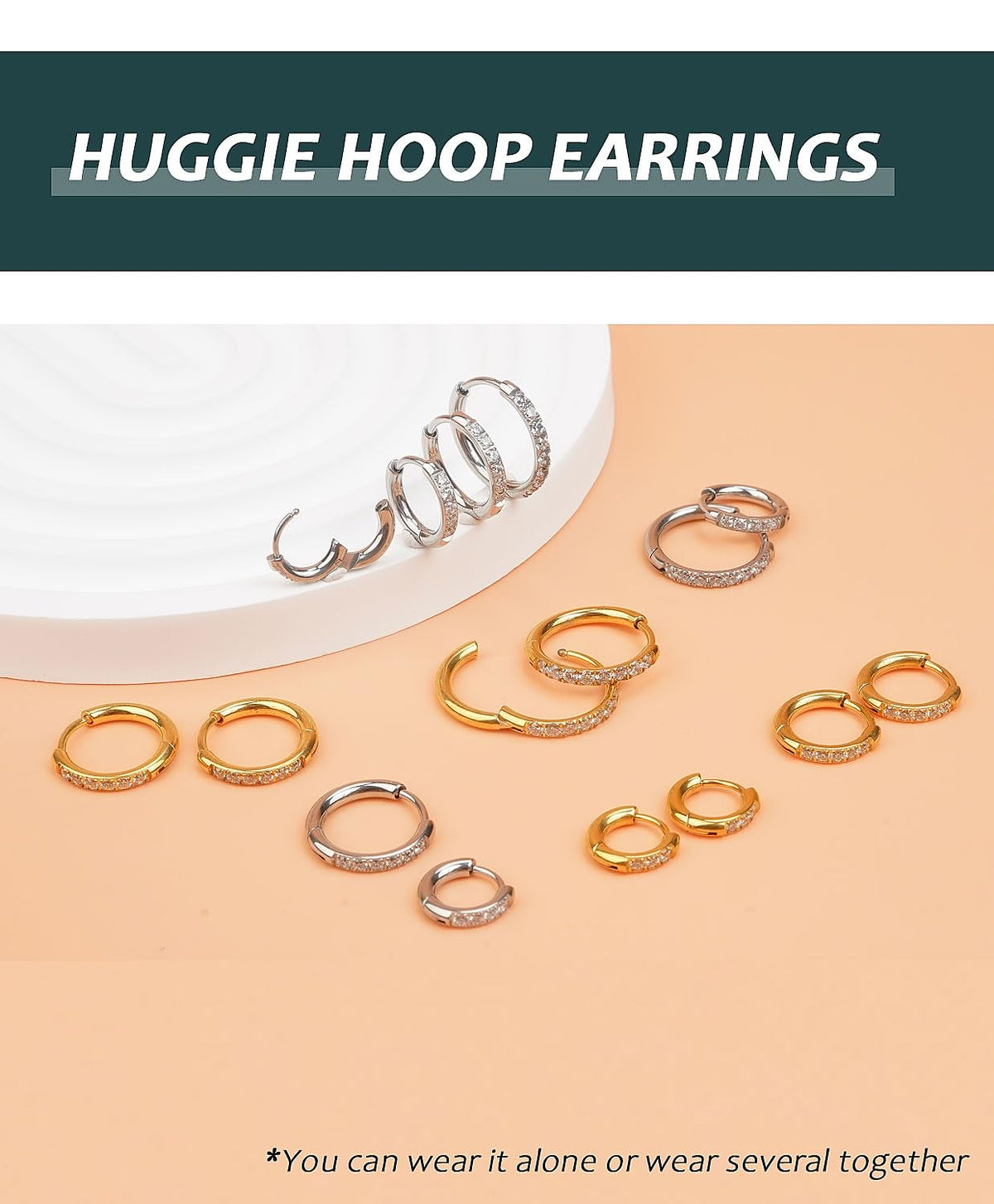 CZ Huggie Hoop Earrings, Stainless Steel Small Hoop Earrings