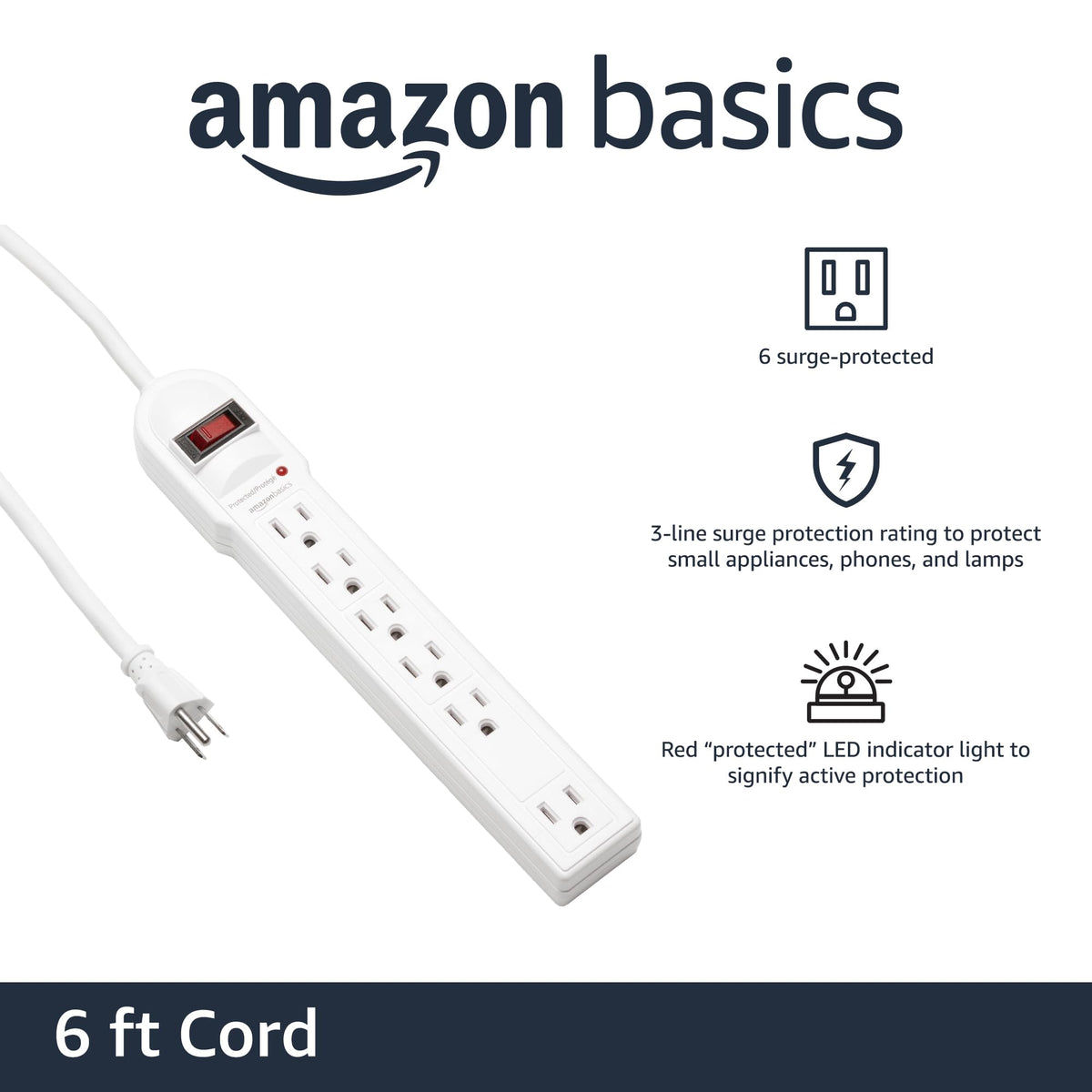 Amazon Basics Surge Protector Power Strip, 6-Outlet, 790 Joules, Circuit Breaker, LED Indicator, 6ft Extension Cord, White