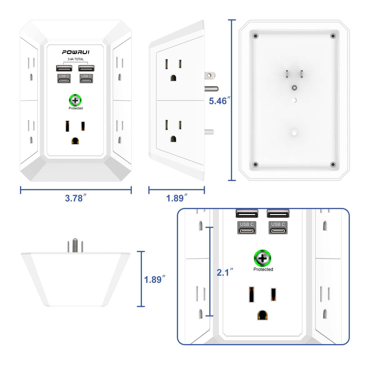 Multi Plug Wall Outlet Night Light, POWRUI 6 Outlet Extender & 3 USB Ports