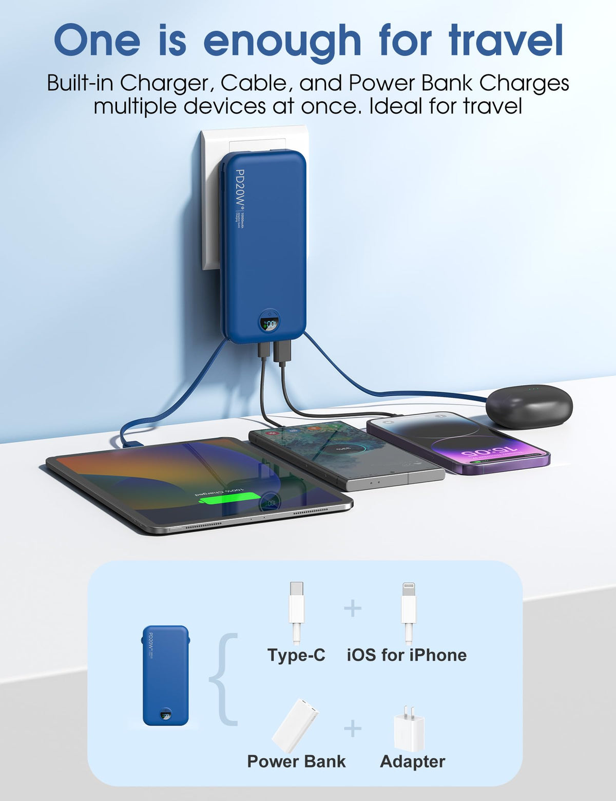 citicr Portable Charger 10000mAh PD20W w/Built-in Cables & Wall Plug Purple