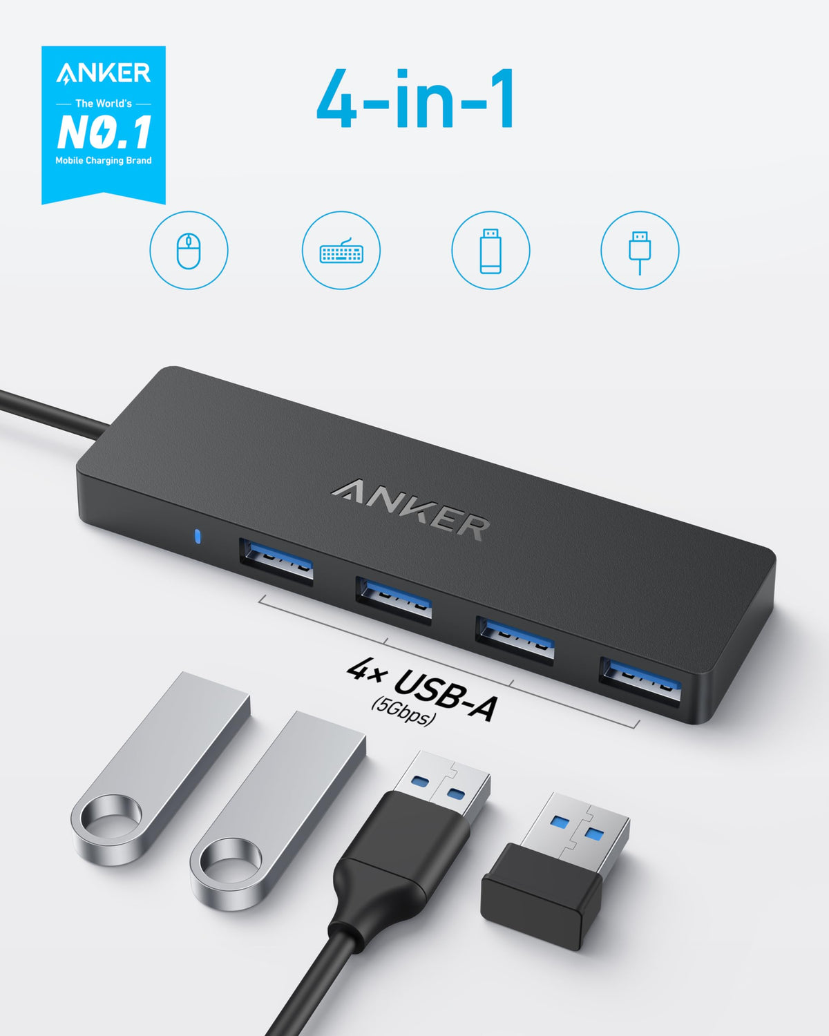Anker USB Hub, 4-in-1 USB Splitter, 4 USB-A Ports with 5Gbps Data Transfer