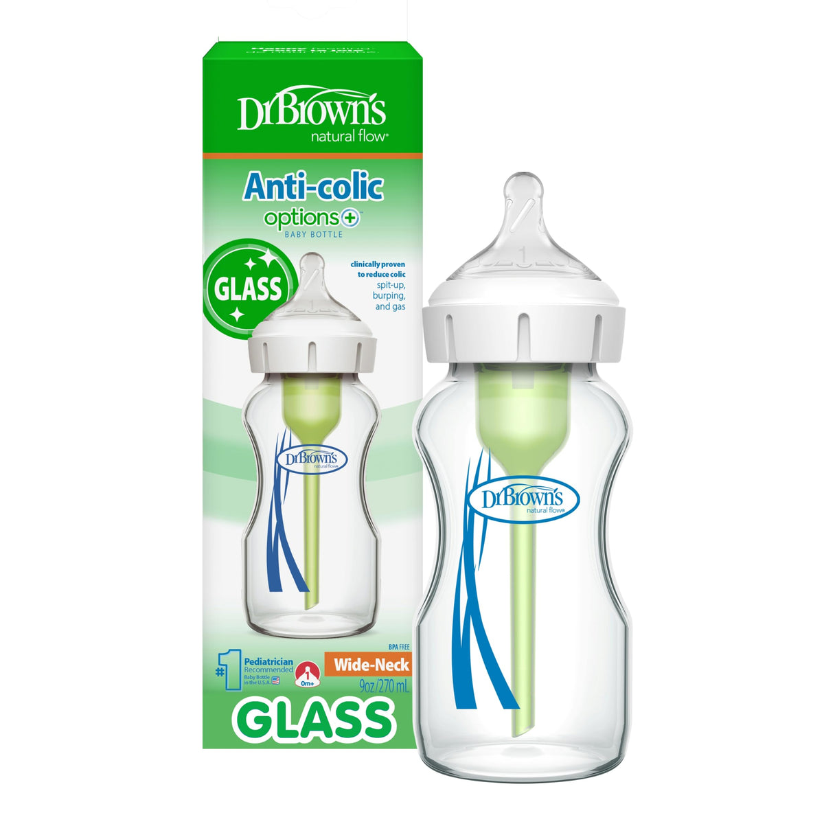 Dr. Brown's Anti-Colic Options+ Wide-Neck Glass Baby Bottle, 5 oz, 1-Pack