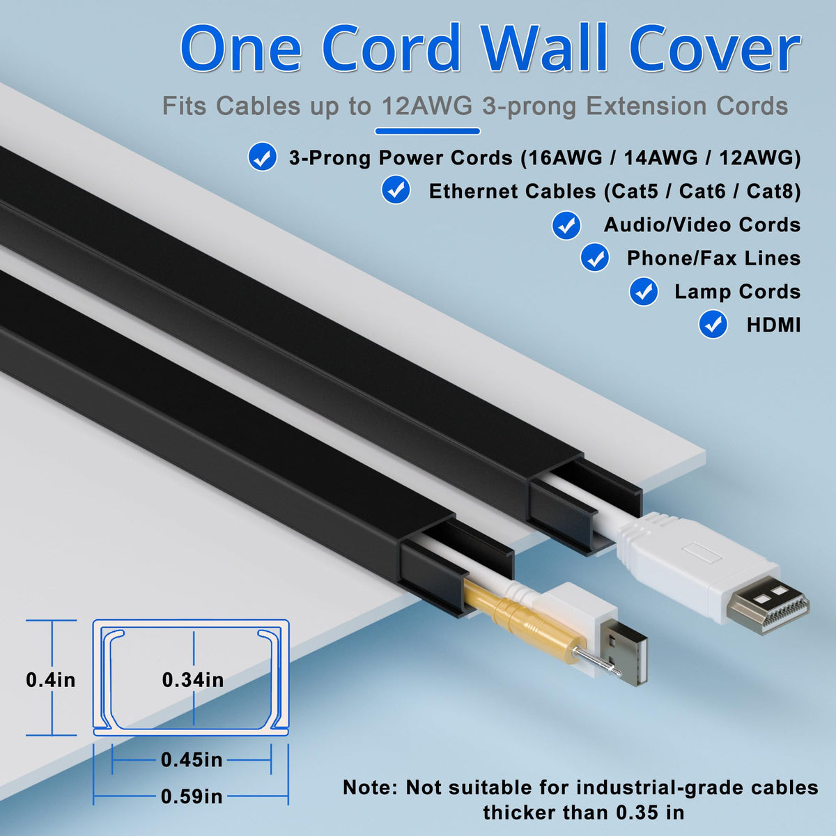 ZhiYo 85" Cord Cover for 1 Wire, Mini White Cord Hider Wall, 0.5"W x 0.3"H