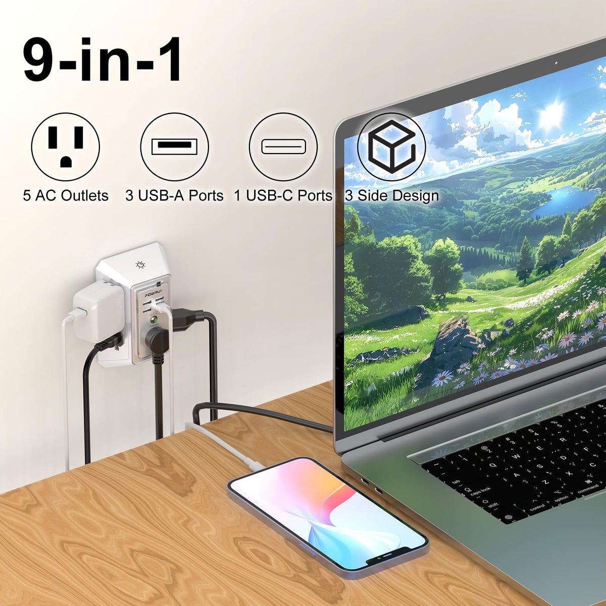 Multi Plug Wall Outlet Night Light, POWRUI 6 Outlet Extender & 3 USB Ports