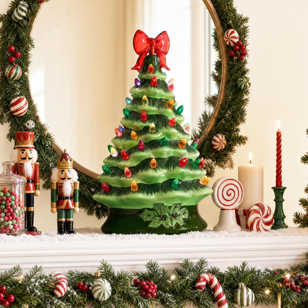 Best Choice Products 15in Ceramic Christmas Tree, Pre-lit Hand-Painted Tabletop Holiday Tree, Star Topper, 64 Lights - Green w/Multicolored Bulbs