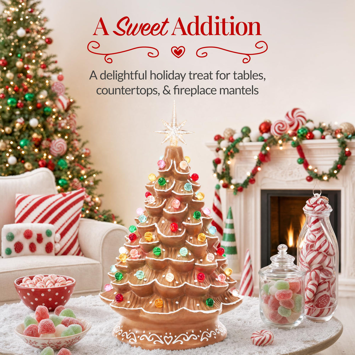 Best Choice Products 15in Ceramic Christmas Tree, Pre-lit Hand-Painted Tabletop Holiday Tree, Star Topper, 64 Lights - Green w/Multicolored Bulbs