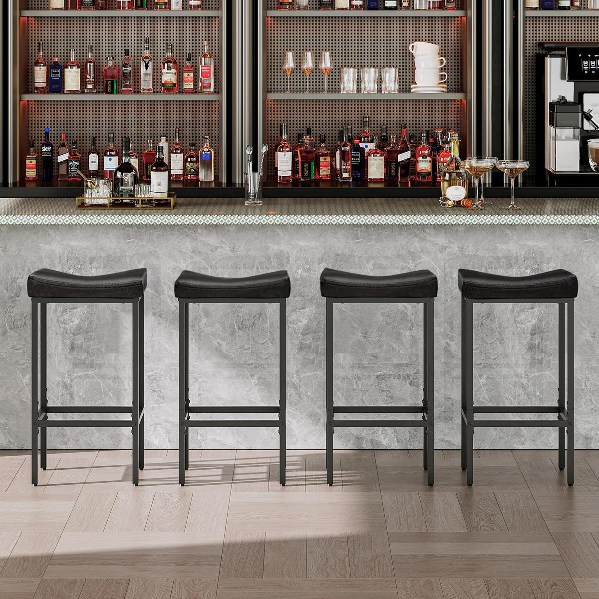 HOOBRO Bar Stools, Set of 2 Bar Chairs, Counter Height Stools, Saddle Barstools with Curved Surface, 24.8 Inches, 2.4" Thick Upholstery, for Kitchen, Dining Room, Cafe Black BB10BY01