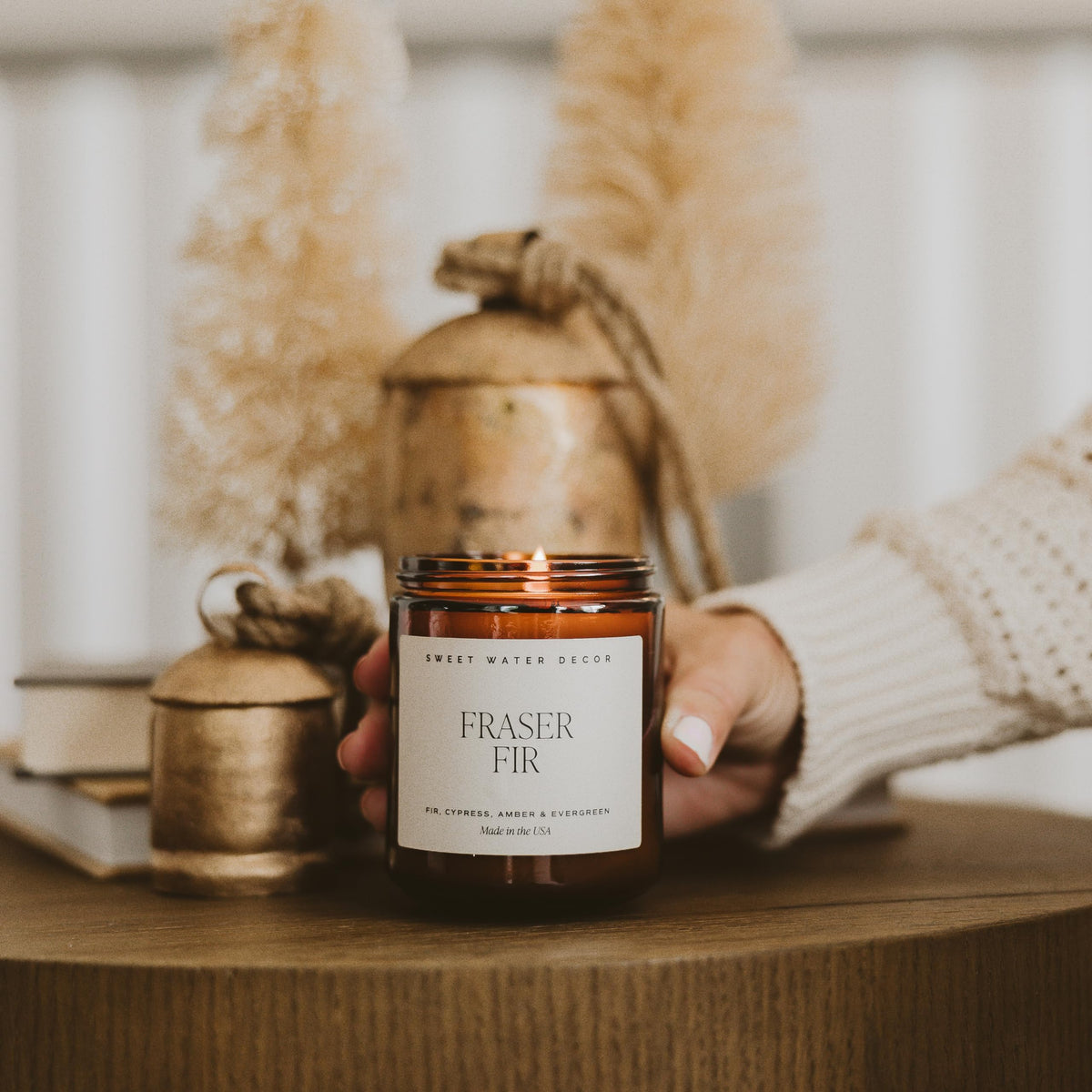 Sweet Water Decor Fraser Fir Candle, 9oz Amber Glass Jar, Winter Scent