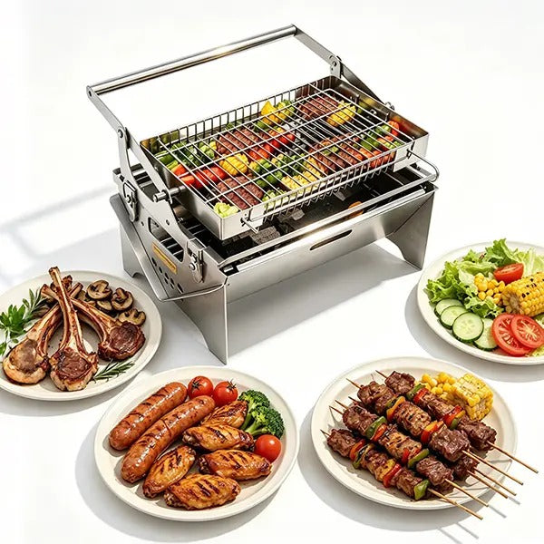 Portable Foldable Stainless Steel|Camping Picnic Outdoor Grill|Manual 360° Rotation