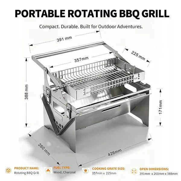 Portable Foldable Stainless Steel|Camping Picnic Outdoor Grill|Manual 360° Rotation