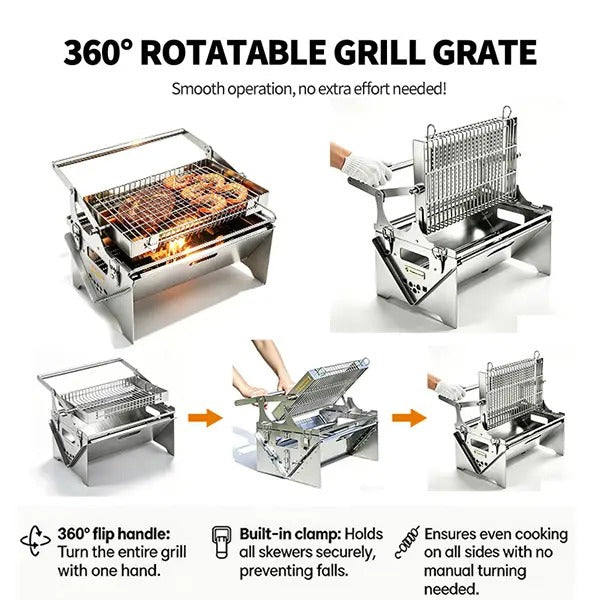 Portable Foldable Stainless Steel|Camping Picnic Outdoor Grill|Manual 360° Rotation