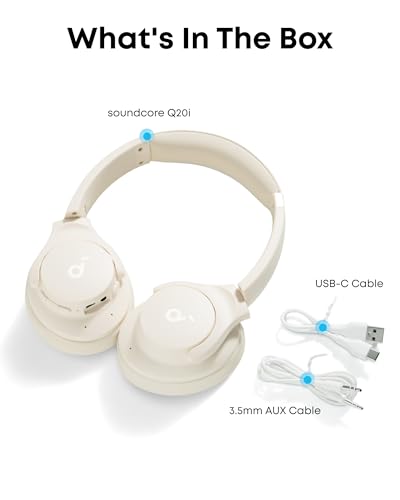 Soundcore by Anker Q20i Hybrid Active Noise Cancelling Headphones, Wireless Over-Ear Bluetooth, 40H Long ANC Playtime（White & Blue）