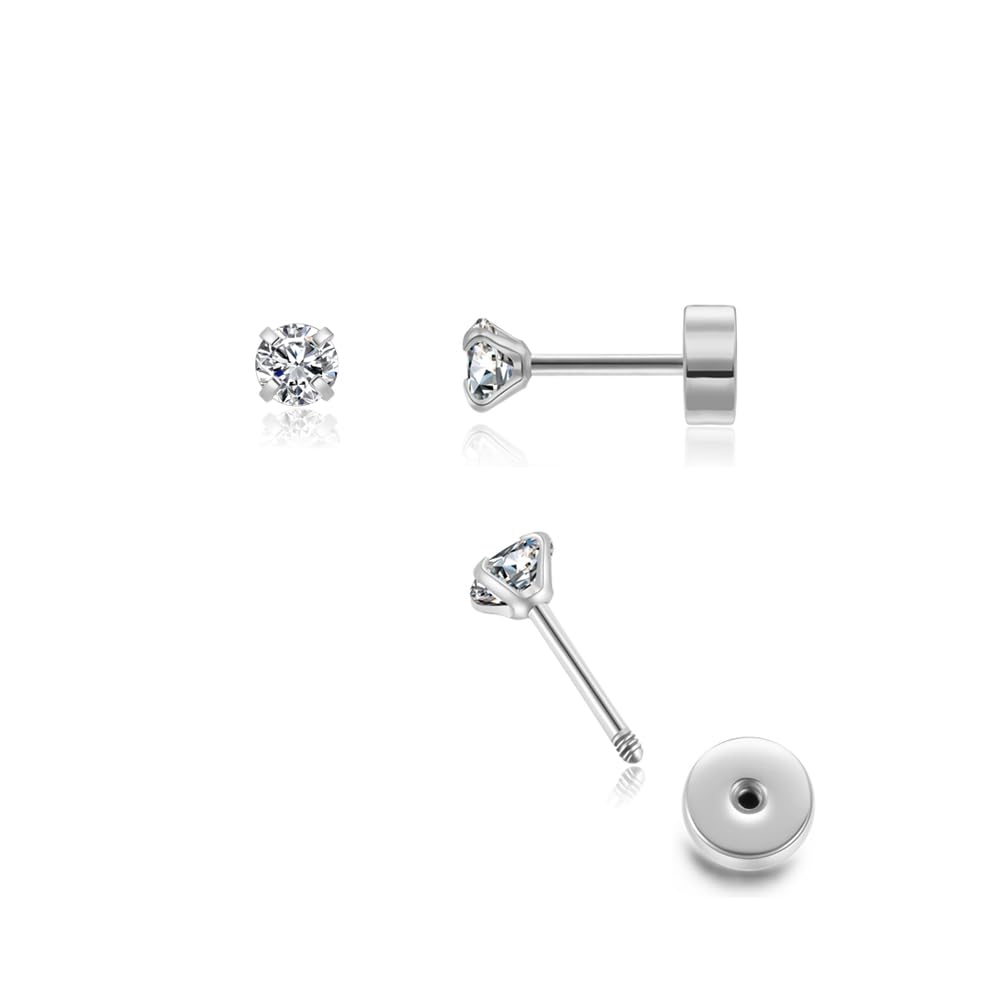 Renkovte Dainty Flat Back Screw Back CZ Stud Earrings | Hypoallergenic 316L Stainless Steel | 5A CZ Sparkle | Secure Screw-On Design | Perfect for Cartilage & Sensitive Ears (Silver Color)