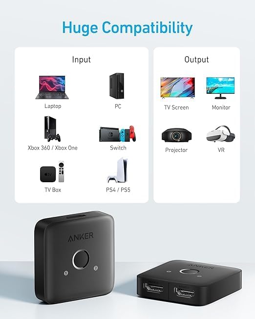 Anker HDMI Switch, 2 in 1 Out HDMI Switcher, Monitor Switch with 4K@60Hz