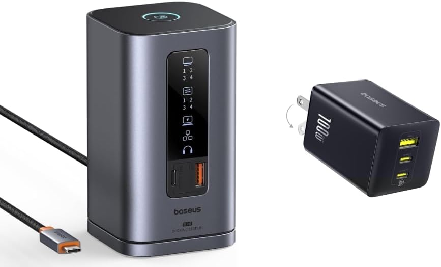 Baseus Spacemate Docking Station, 11-in-1 USB-C Dock for Windows Laptop, Baseus 100W USB C Charger Block, 3-Port Foldable Compact PPS Wall Charger