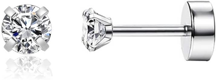 Renkovte Dainty Flat Back Screw Back CZ Stud Earrings | Hypoallergenic 316L Stainless Steel | 5A CZ Sparkle | Secure Screw-On Design | Perfect for Cartilage & Sensitive Ears (Silver Color)