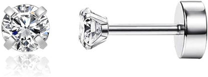 Renkovte Dainty Flat Back Screw Back CZ Stud Earrings | Hypoallergenic 316L Stainless Steel | 5A CZ Sparkle | Secure Screw-On Design | Perfect for Cartilage & Sensitive Ears (Silver Color)