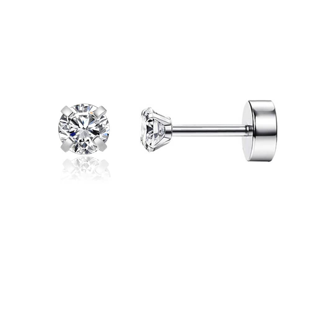 Renkovte Dainty Flat Back Screw Back CZ Stud Earrings | Hypoallergenic 316L Stainless Steel | 5A CZ Sparkle | Secure Screw-On Design | Perfect for Cartilage & Sensitive Ears (Silver Color)