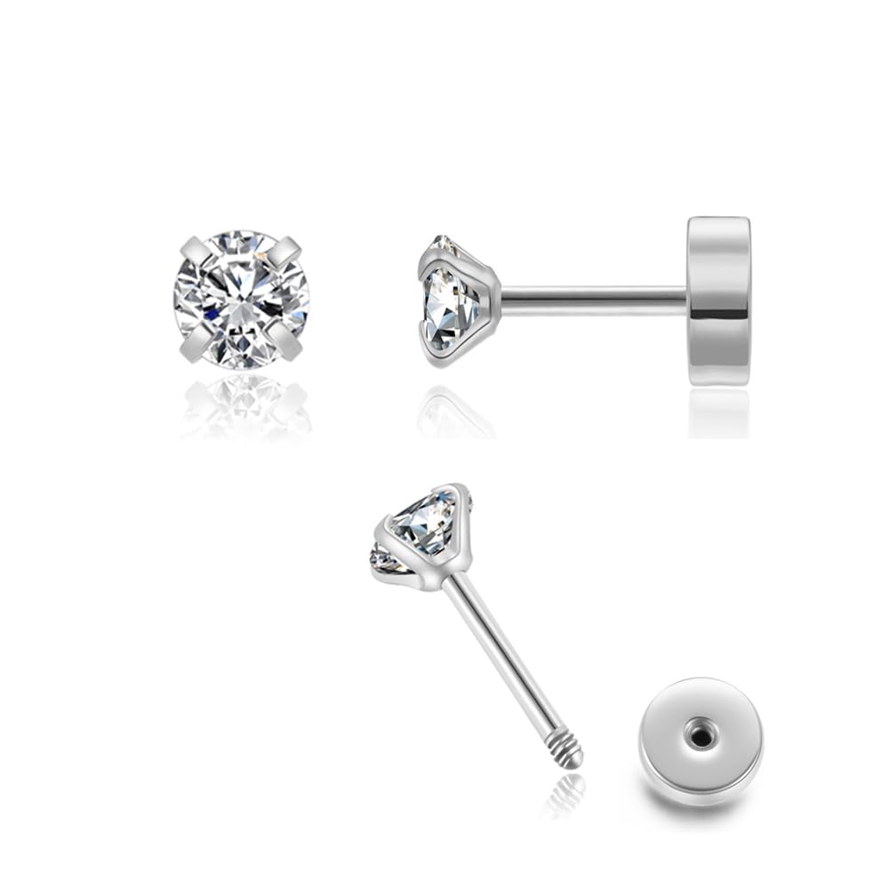 Renkovte Dainty Flat Back Screw Back CZ Stud Earrings | Hypoallergenic 316L Stainless Steel | 5A CZ Sparkle | Secure Screw-On Design | Perfect for Cartilage & Sensitive Ears (Silver Color)