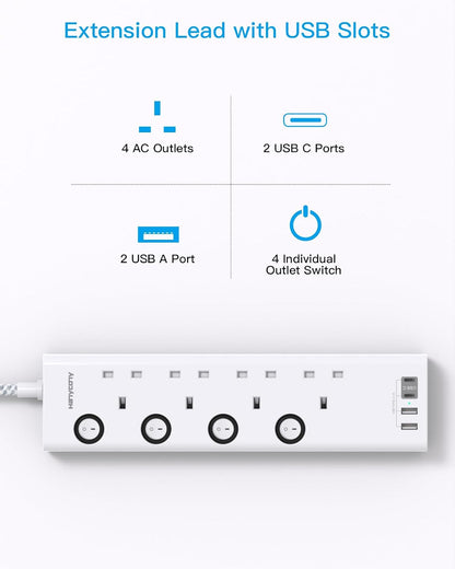 Extension Lead with USB Slots(2 USB C), 4 Way Plug Extension Socket, 1.8M