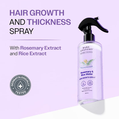 Bare Anatomy Nature x Science Rosemary Water Spray for Hair Growth & Hair Thickness with Rice Water |100% Natural Extract | Soft & Smooth Hair| Controls Hairfall| Non-Greasy & Fast Absorbing | 200ml