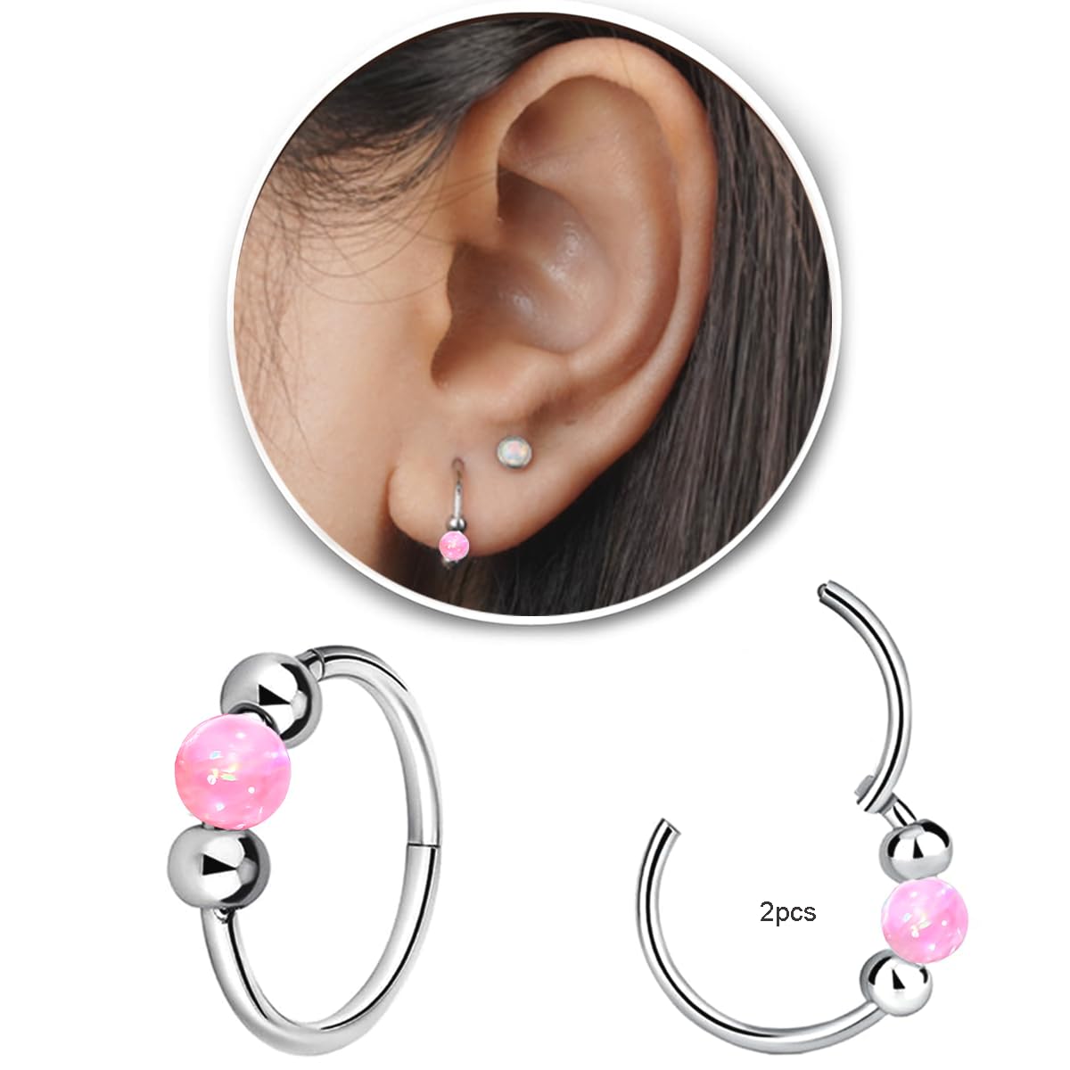 2PCS 18G Opal Cartilage Hoop Earrings, Hypoallergenic Silver Huggie Hoops
