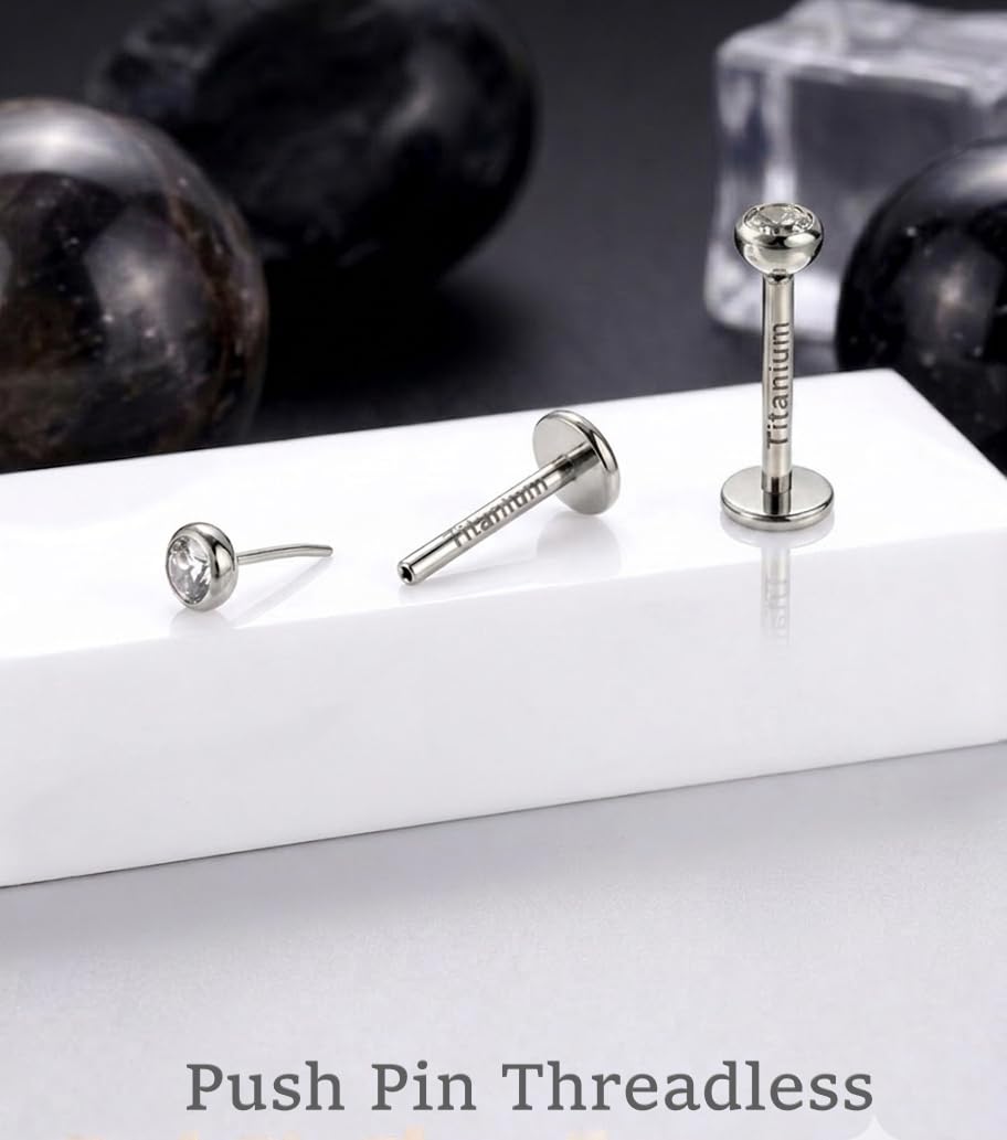2Pcs Implant Titanium Threadless Flat Back 5A CZ Stud Earrings