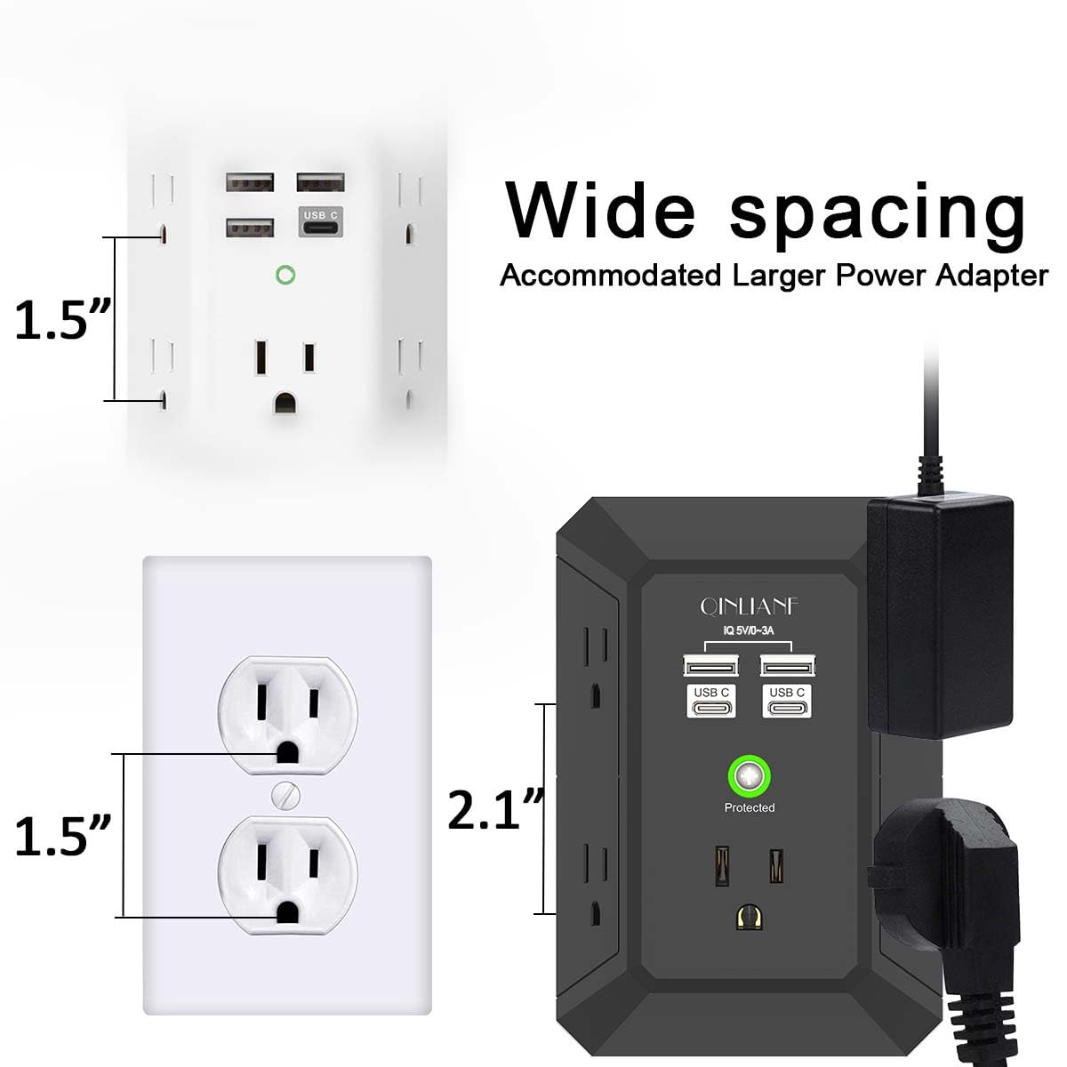 Surge Protector, QINLIANF 5 Outlet Extender with 4 USB Ports(2USB-C)