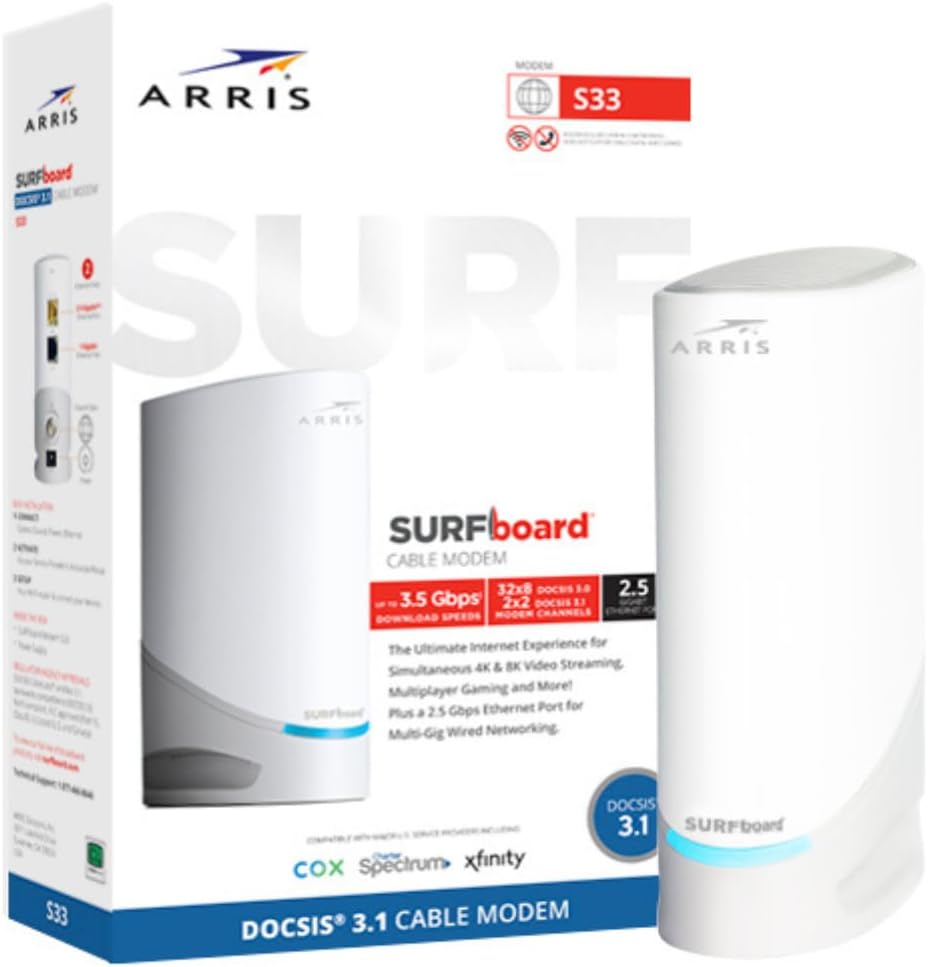 ARRIS Surfboard S33 DOCSIS 3.1 Multi-Gig Cable Modem | Up to 2.5 Gbps