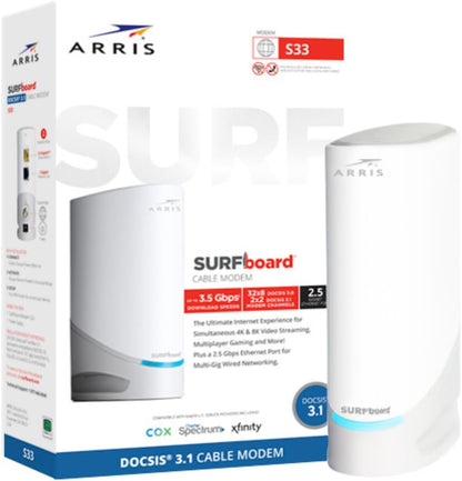 ARRIS Surfboard S33 DOCSIS 3.1 Multi-Gig Cable Modem | Up to 2.5 Gbps