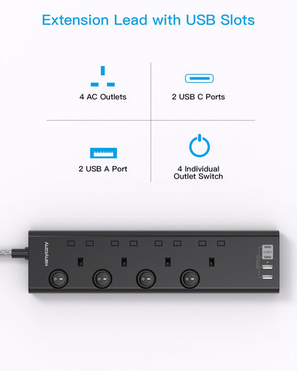 Extension Lead with USB Slots(2 USB C), 4 Way Plug Extension Socket, 1.8M