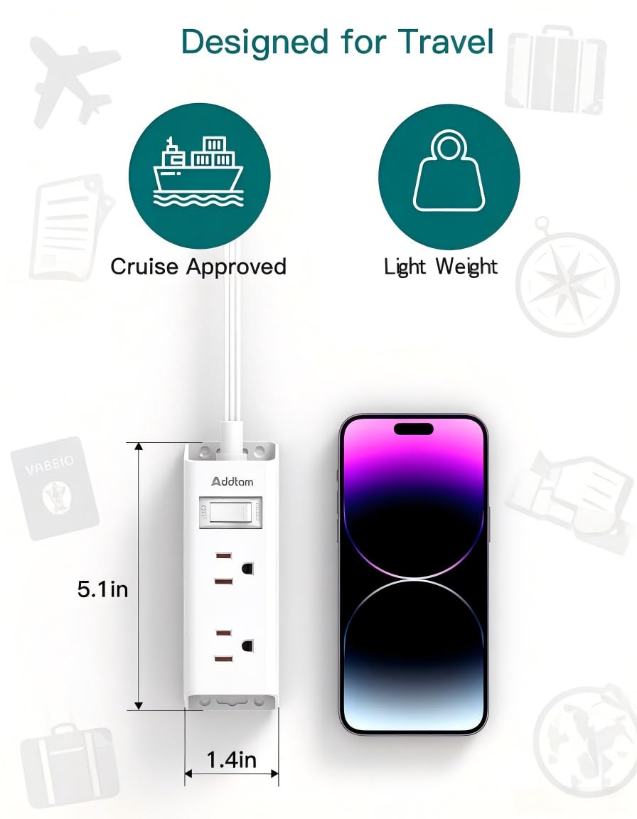 Addtam Flat Plug Extension Cord with 6 Outlet Extender for Cruise Travel