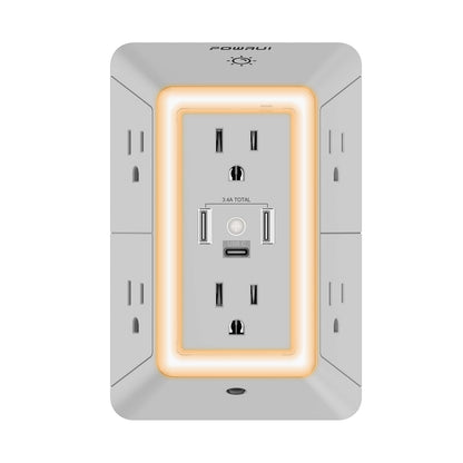 Multi Plug Wall Outlet Night Light, POWRUI 6 Outlet Extender & 3 USB Ports