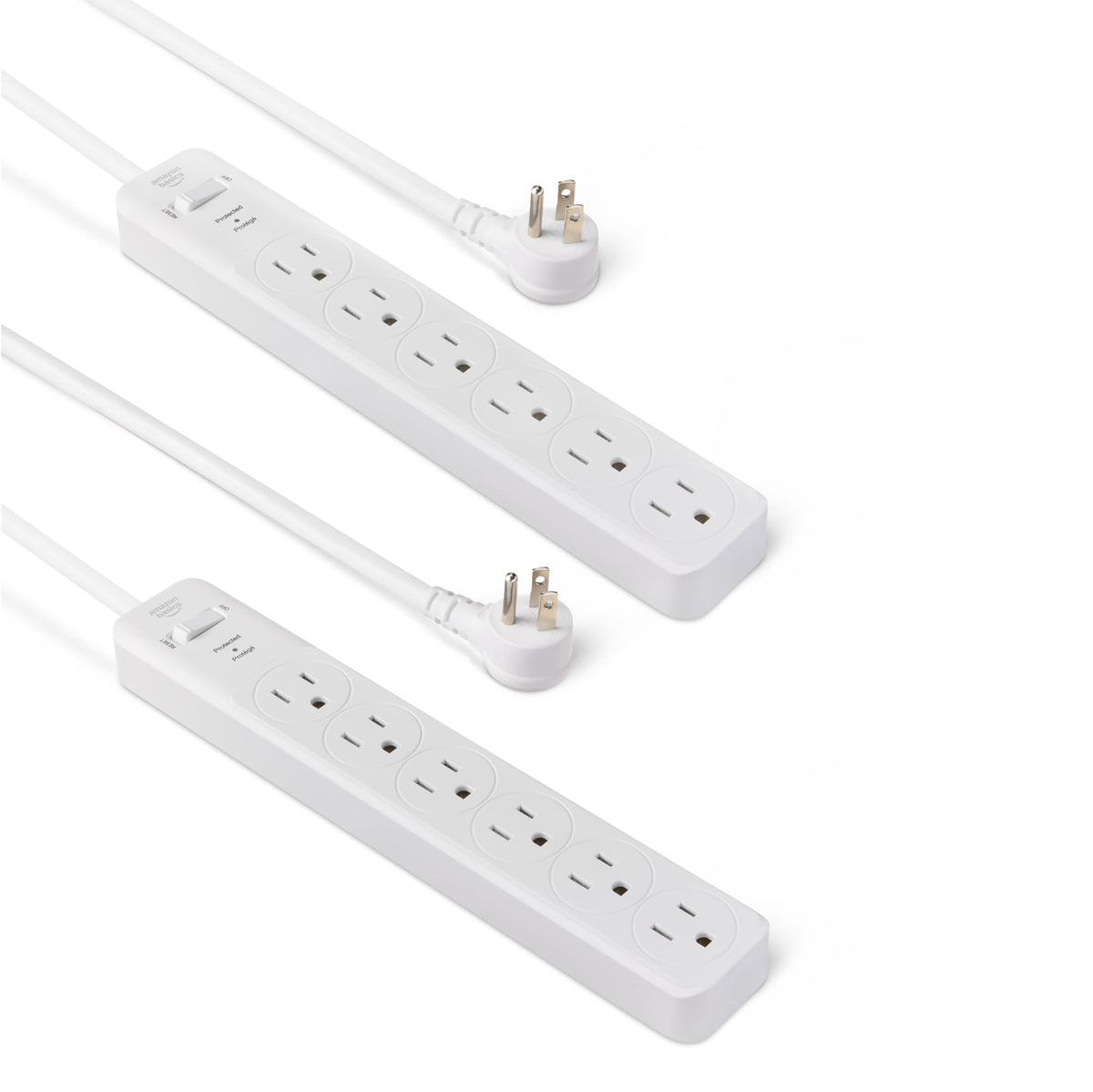 Amazon Basics Surge Protector Power Strip, 6-Outlet with 200J Protection, Circuit Breaker, LED Indicator, On/Off Switch, Wall-Mounting, 2ft Extension Cord, White, 2-Pack