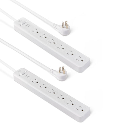 Amazon Basics Surge Protector Power Strip, 6-Outlet with 200J Protection, Circuit Breaker, LED Indicator, On/Off Switch, Wall-Mounting, 2ft Extension Cord, White, 2-Pack
