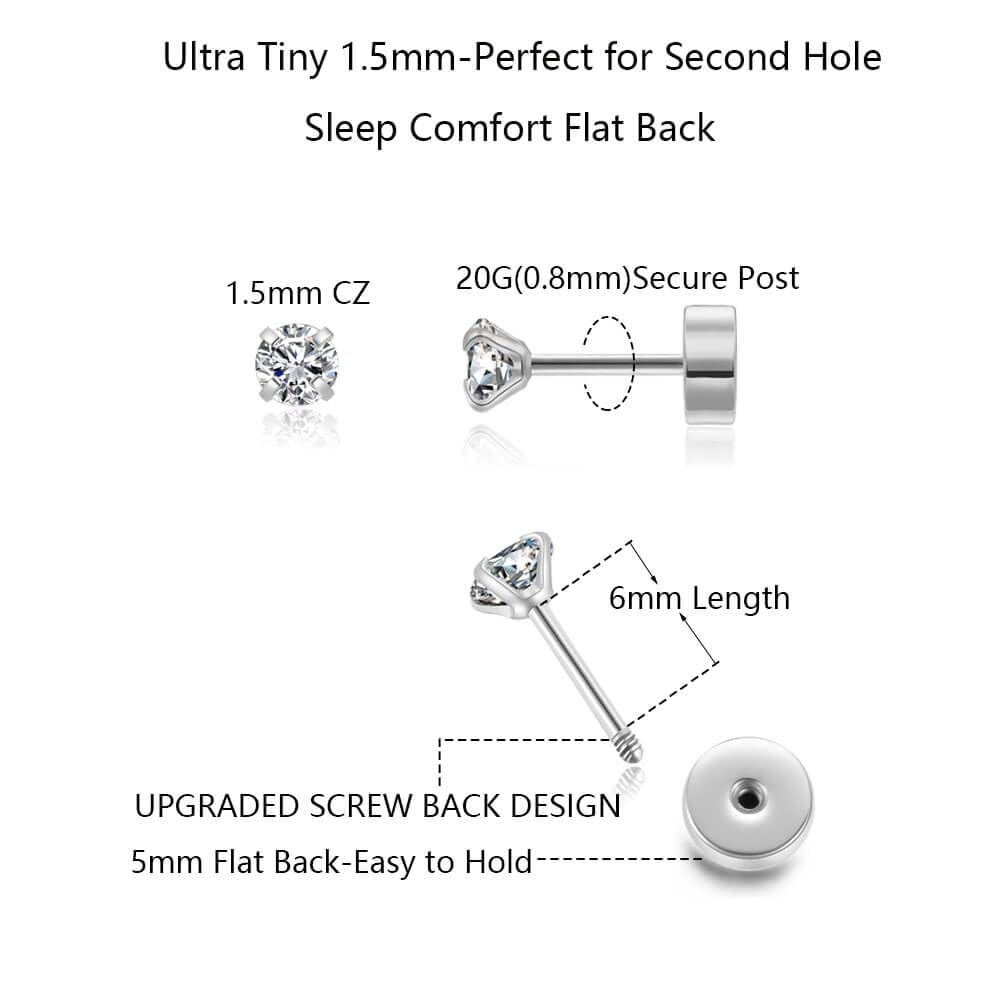 Renkovte Dainty Flat Back Screw Back CZ Stud Earrings | Hypoallergenic 316L Stainless Steel | 5A CZ Sparkle | Secure Screw-On Design | Perfect for Cartilage & Sensitive Ears (Silver Color)