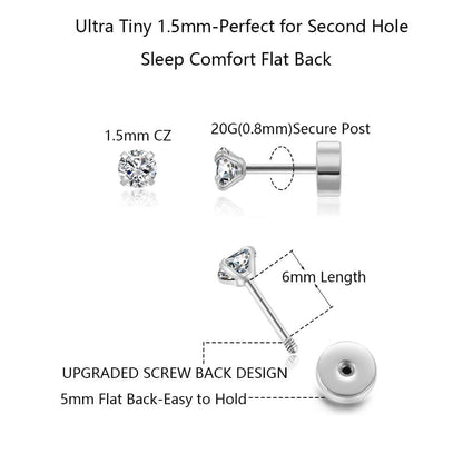 Renkovte Dainty Flat Back Screw Back CZ Stud Earrings | Hypoallergenic 316L Stainless Steel | 5A CZ Sparkle | Secure Screw-On Design | Perfect for Cartilage & Sensitive Ears (Silver Color)