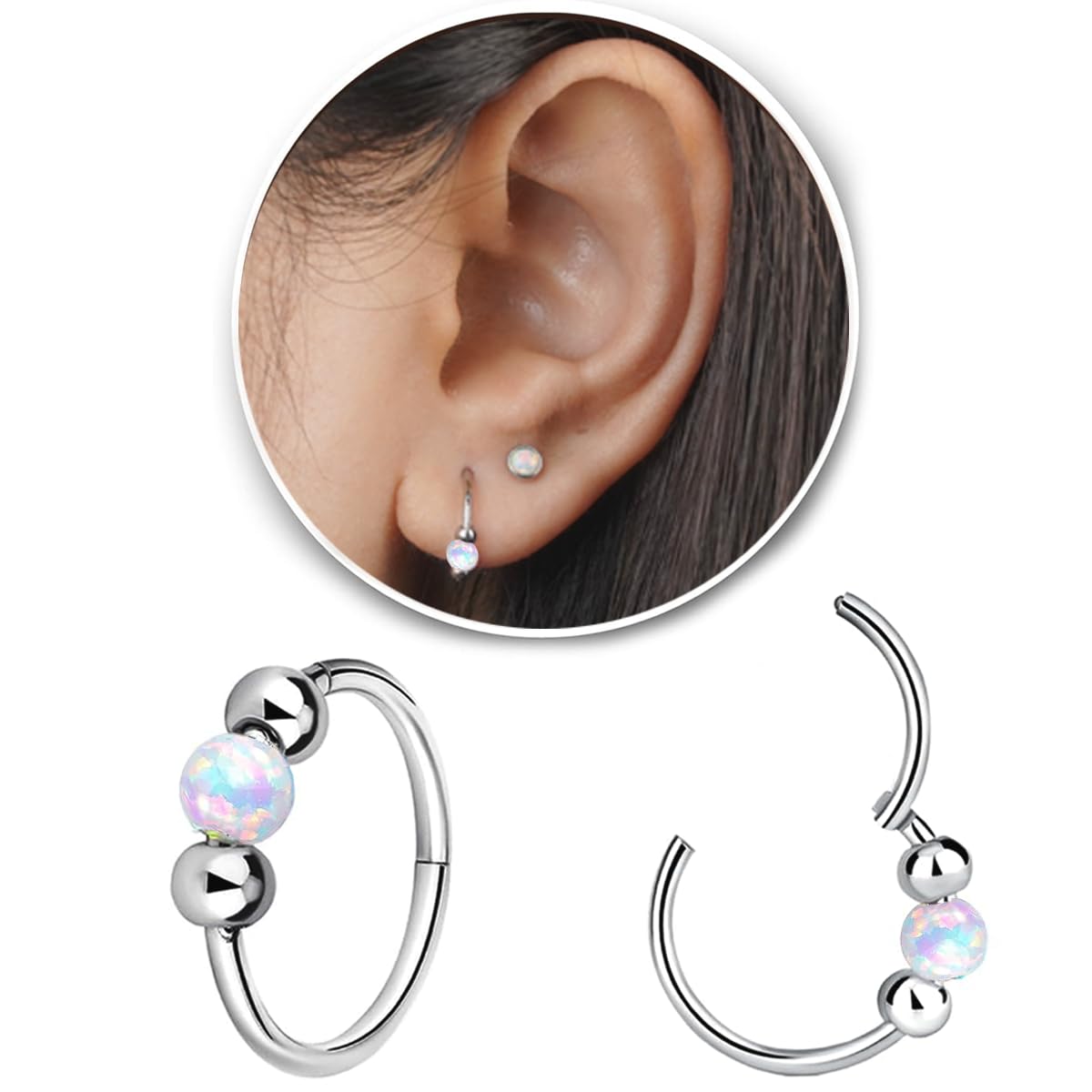 2PCS 18G Opal Cartilage Hoop Earrings, Hypoallergenic Silver Huggie Hoops