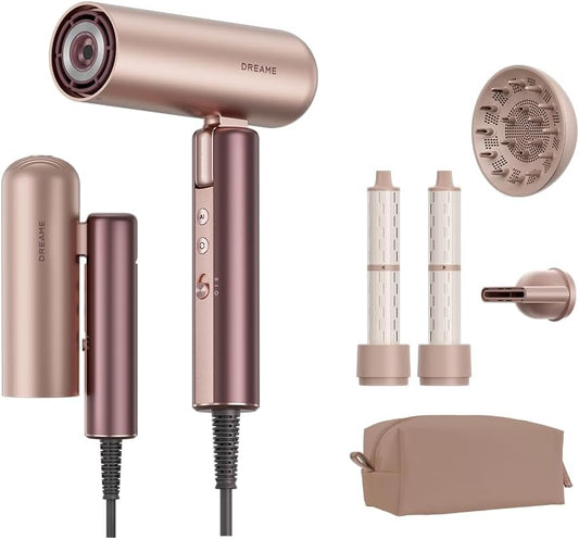DREAME Pocket Aura Hair Dryer, 110,000RPM High-Speed Motor, Distance-Aware Heat Control, Plasma Ionic Care, Auto Attachment Detection, Dual Voltage Travel Blow Dryer with Styling Kit