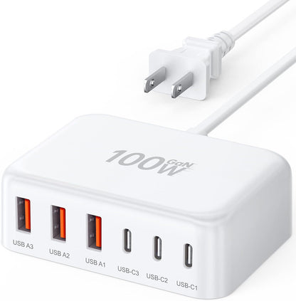 USB Fast Charger Block 50% Smaller 100W Max 6-Port GaN USB Charging Station