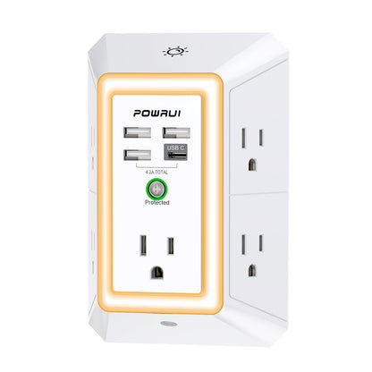 Multi Plug Wall Outlet Night Light, POWRUI 6 Outlet Extender & 3 USB Ports