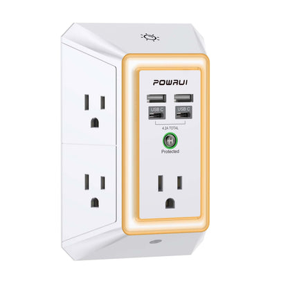 Multi Plug Wall Outlet Night Light, POWRUI 6 Outlet Extender & 3 USB Ports