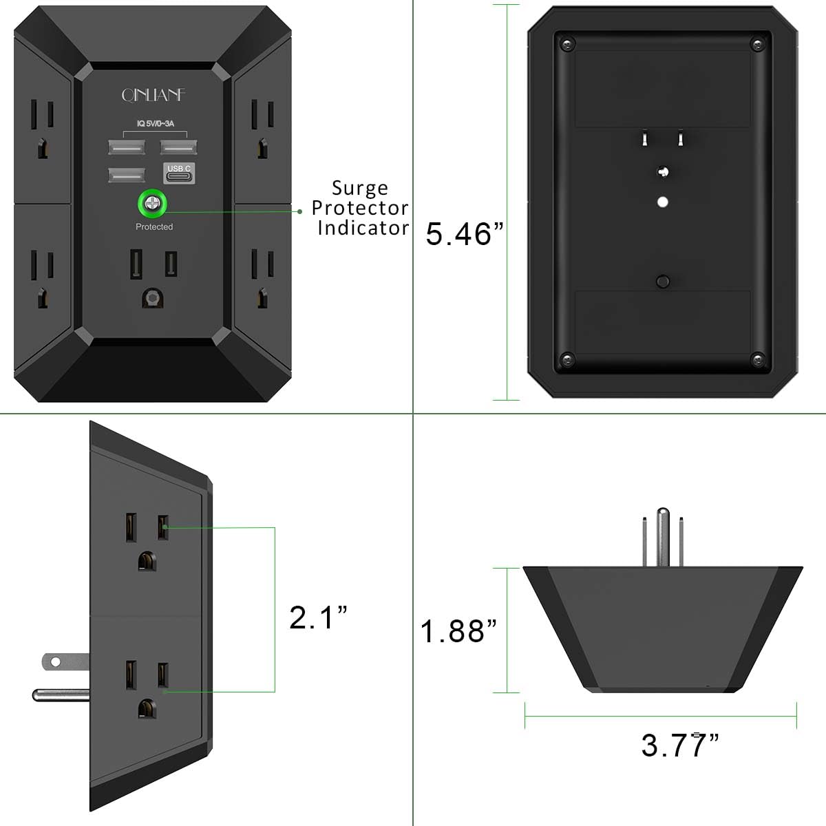 Surge Protector, QINLIANF 5 Outlet Extender with 4 USB Ports(2USB-C)