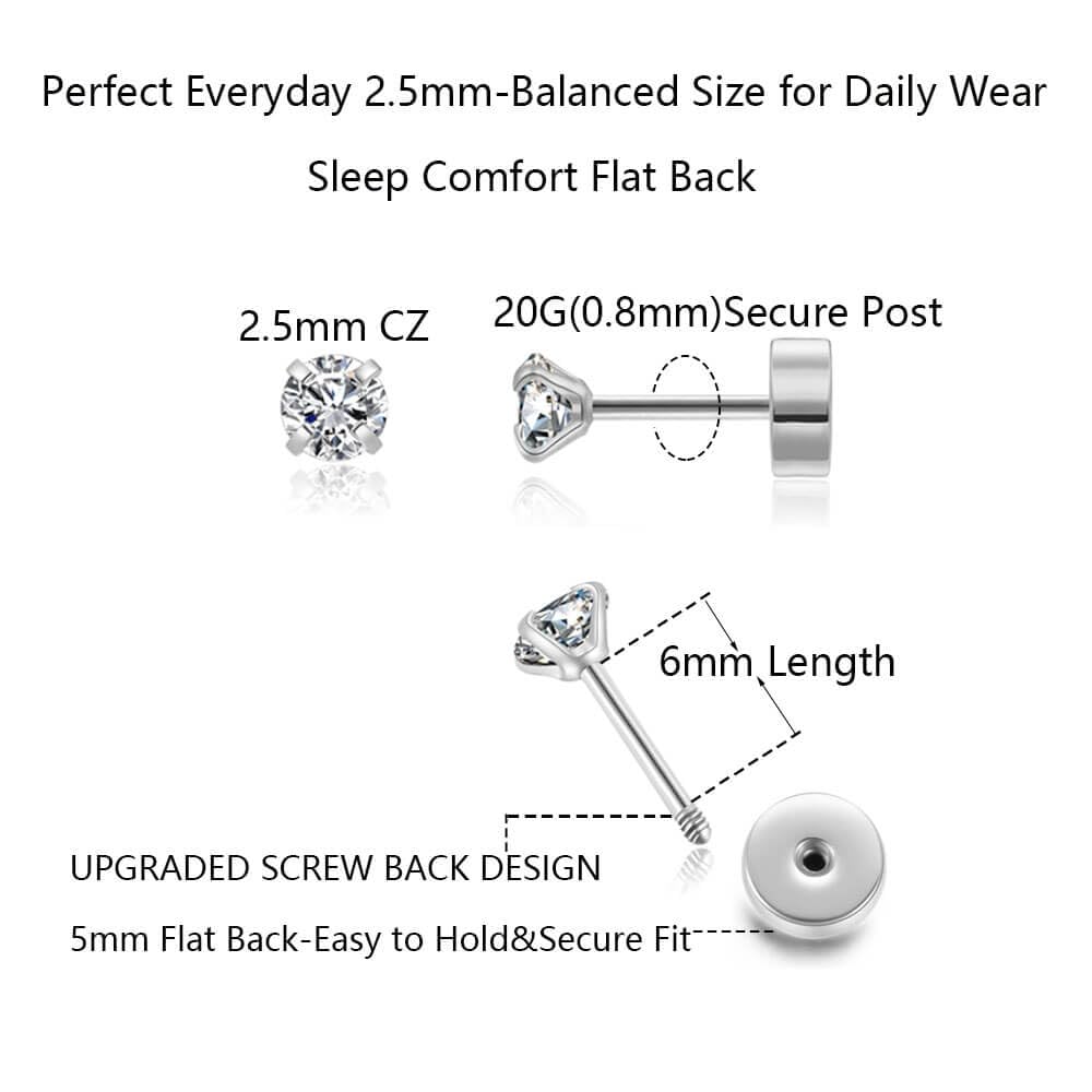Renkovte Dainty Flat Back Screw Back CZ Stud Earrings | Hypoallergenic 316L Stainless Steel | 5A CZ Sparkle | Secure Screw-On Design | Perfect for Cartilage & Sensitive Ears (Silver Color)