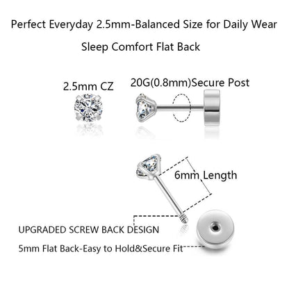 Renkovte Dainty Flat Back Screw Back CZ Stud Earrings | Hypoallergenic 316L Stainless Steel | 5A CZ Sparkle | Secure Screw-On Design | Perfect for Cartilage & Sensitive Ears (Silver Color)