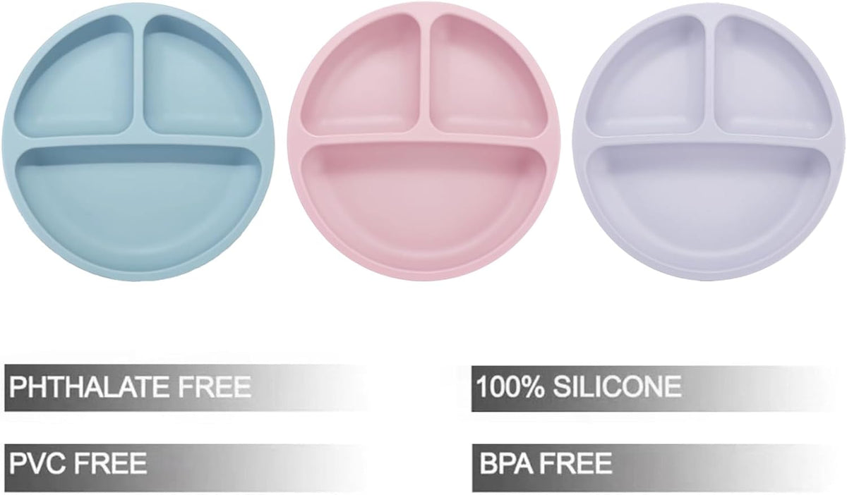 PandaEar 3 Pack Toddler Plates, Silicone Divided Suction Plate for Babies, BPA-Free 100% Food-Grade Silicone Unbreakable Baby Plate (Pink/Purple/Blue, Without Lids)