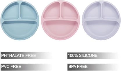 PandaEar 3 Pack Toddler Plates, Silicone Divided Suction Plate for Babies, BPA-Free 100% Food-Grade Silicone Unbreakable Baby Plate (Pink/Purple/Blue, Without Lids)