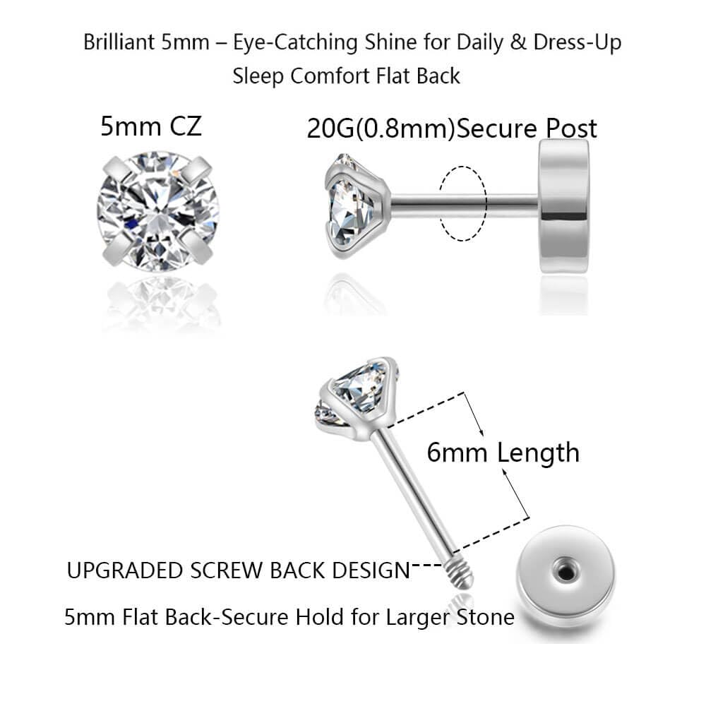 Renkovte Dainty Flat Back Screw Back CZ Stud Earrings | Hypoallergenic 316L Stainless Steel | 5A CZ Sparkle | Secure Screw-On Design | Perfect for Cartilage & Sensitive Ears (Silver Color)
